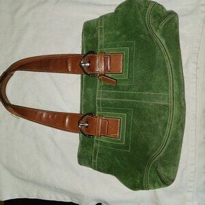 Coach Handbag Green Suede Cowhide Leather Double Handle